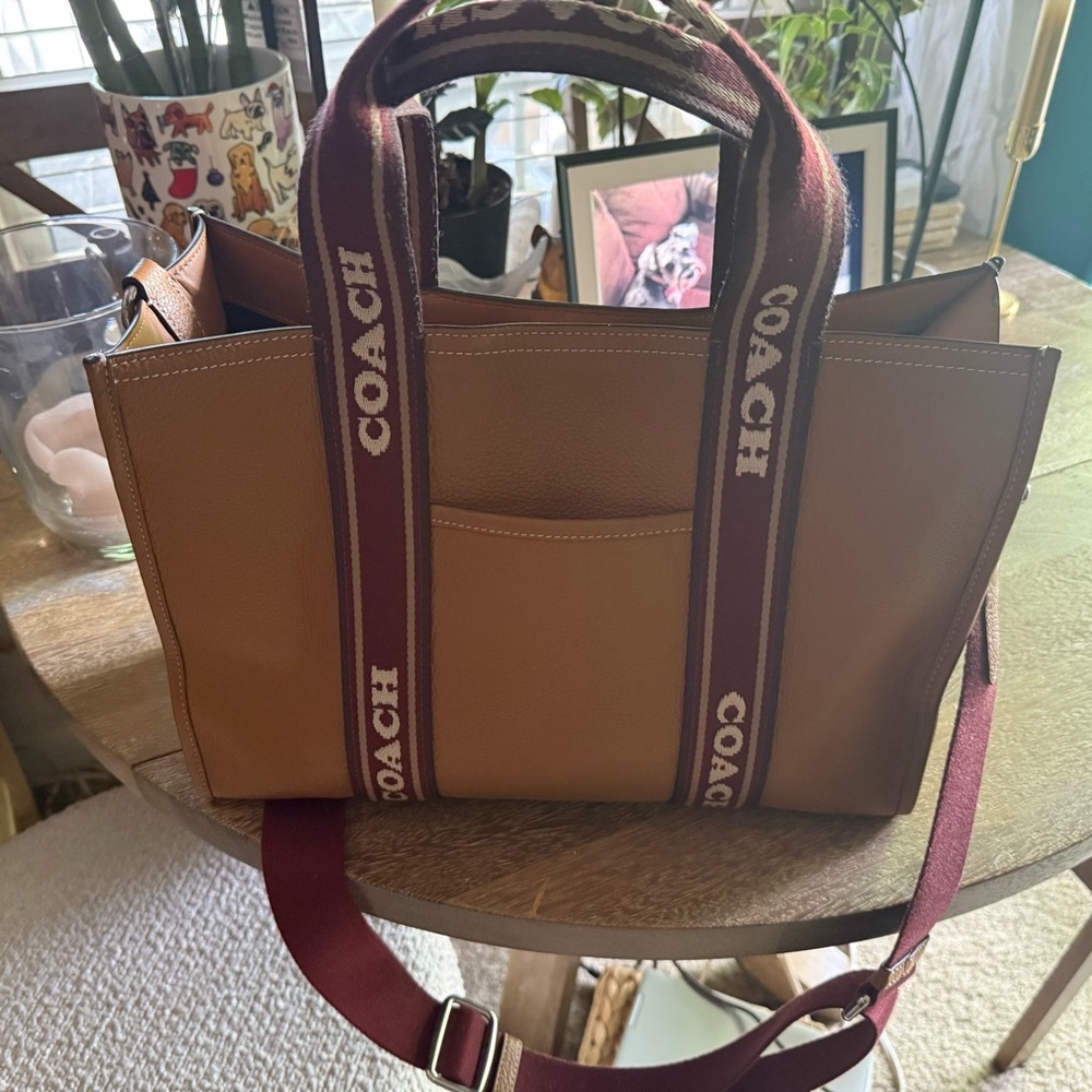 Coach Tan and Red Structured Tote Bag